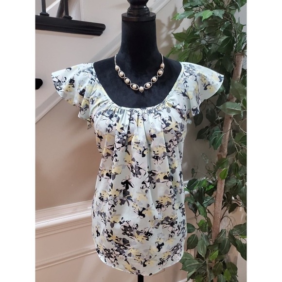 Banana Republic Multicolor Floral Scoop Neck Flutter Sleeve Top Blouse Small - Picture 1 of 11